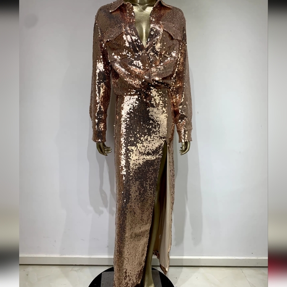 Sexy Turn-down Collar Long Sleeve Gold Mesh Sequins Midi Skirt Set - Picture 6 of 10